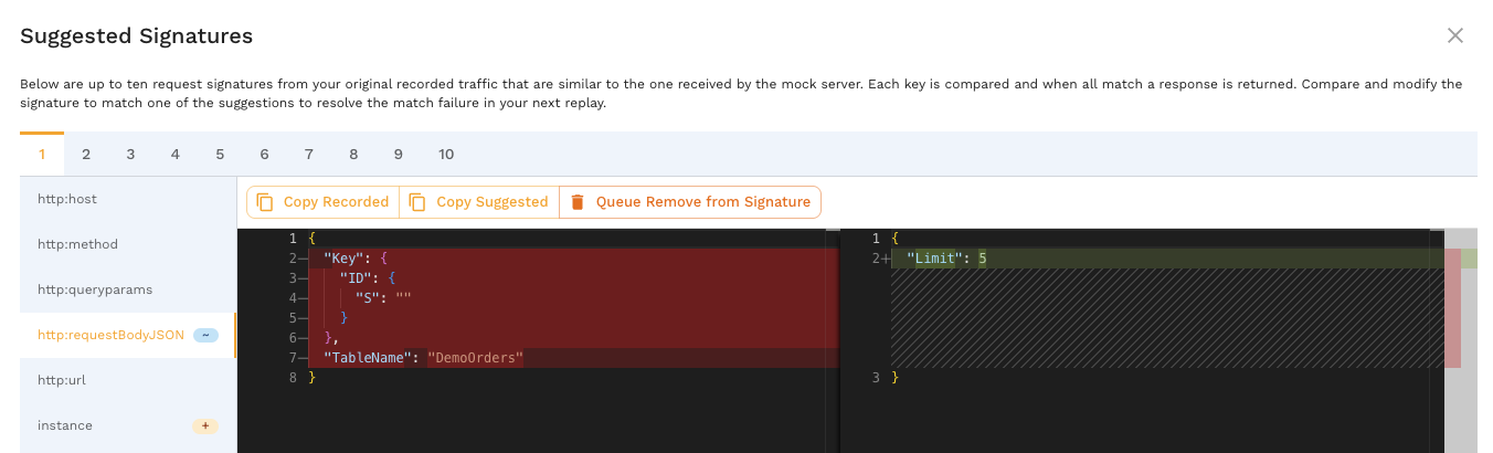 SignatureSuggestionsDialog with side-by-side comparison and highlighted differences
