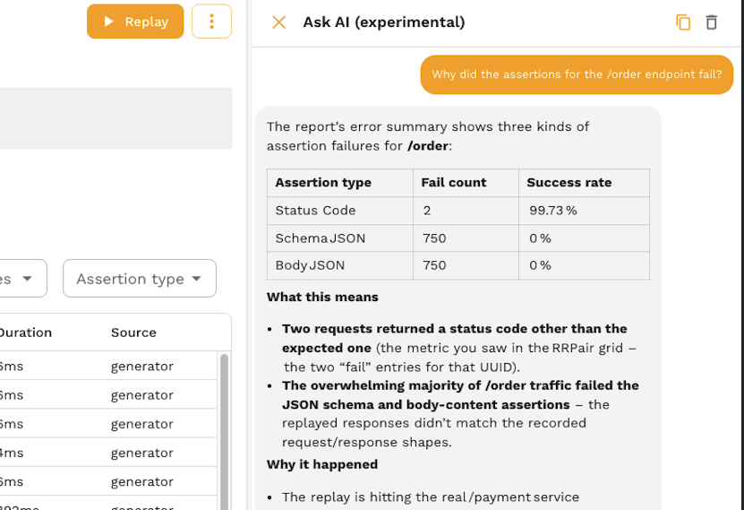 AI assistant explaining assertion failures on a report page