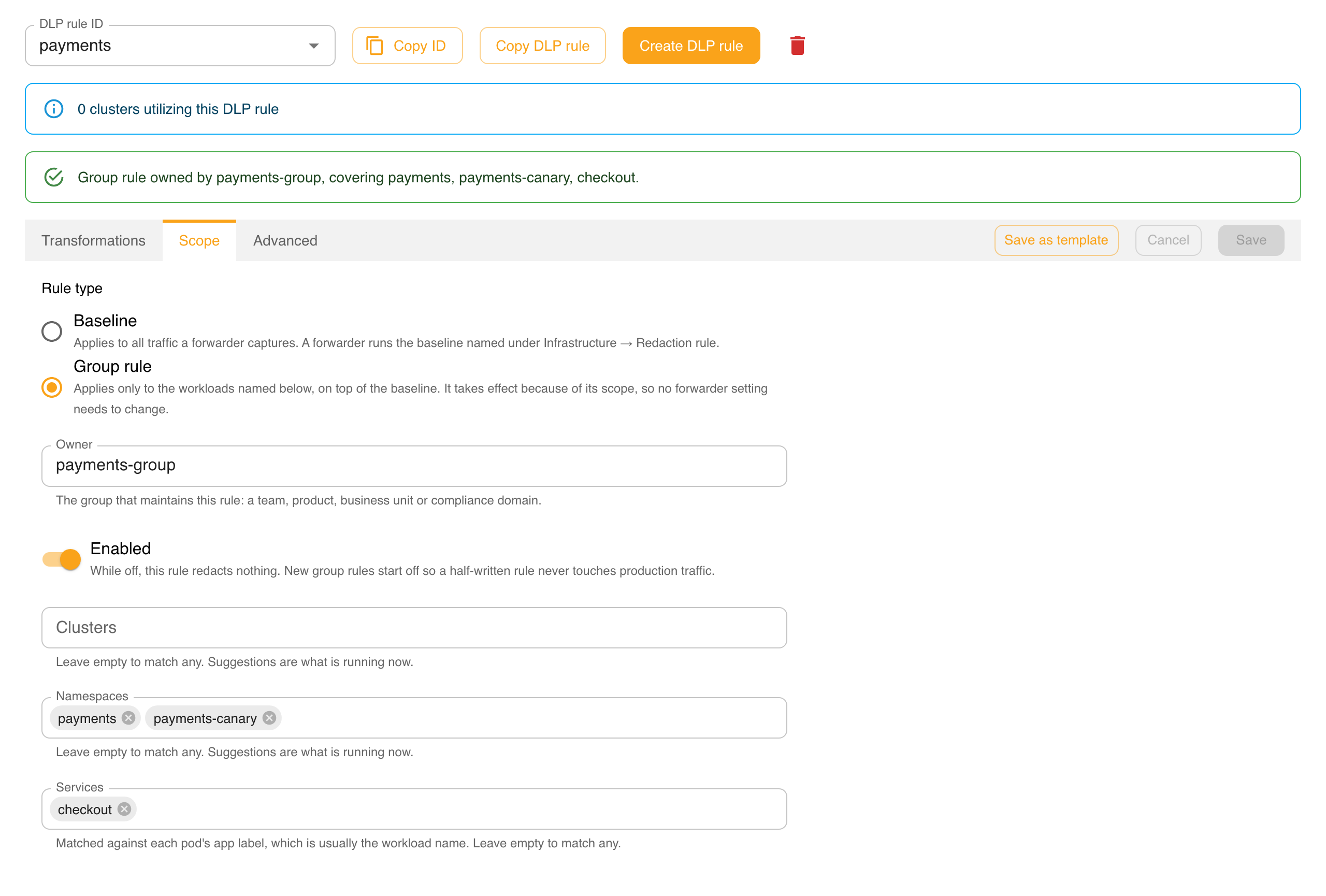 A group rule in the dashboard: the cluster-usage banner, the summary line, and the Scope tab