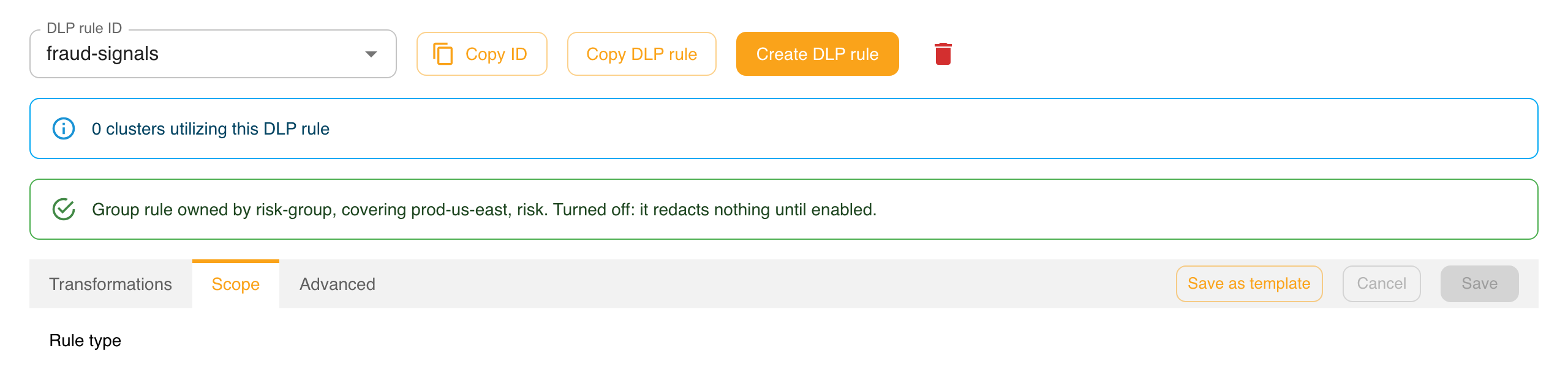 Summary line for a disabled group rule: "Turned off: it redacts nothing until enabled."