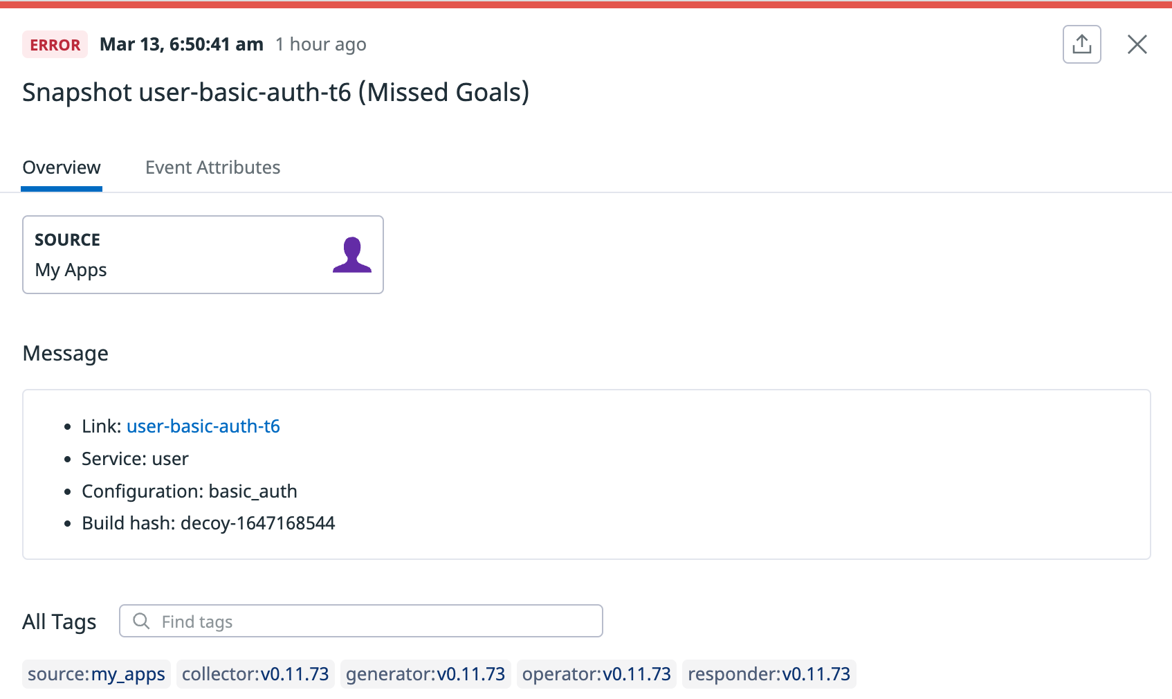 A completed Speedscale report in the Datadog event stream